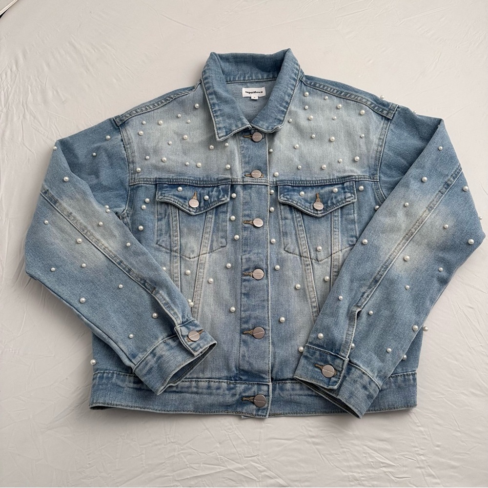 Superdown white pearl embellished light wash blue denim jacket - Picture 5 of 11
